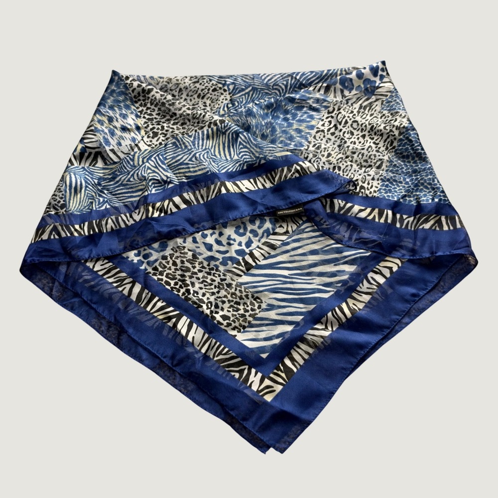 Square Scarf OS Animal Print Mixed Media Blue White Lightweight Boho